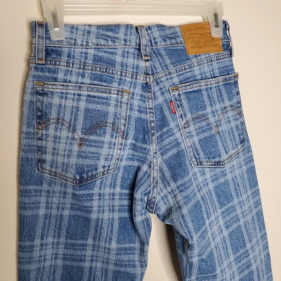 Levi's x Free People Blue Plaid Print High Rise Button Fly Wedgie Straight Jeans - Picture 8 of 13